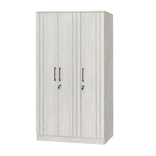 A wooden cabinet with three doors, highlighting its elegant craftsmanship and functional storage.
