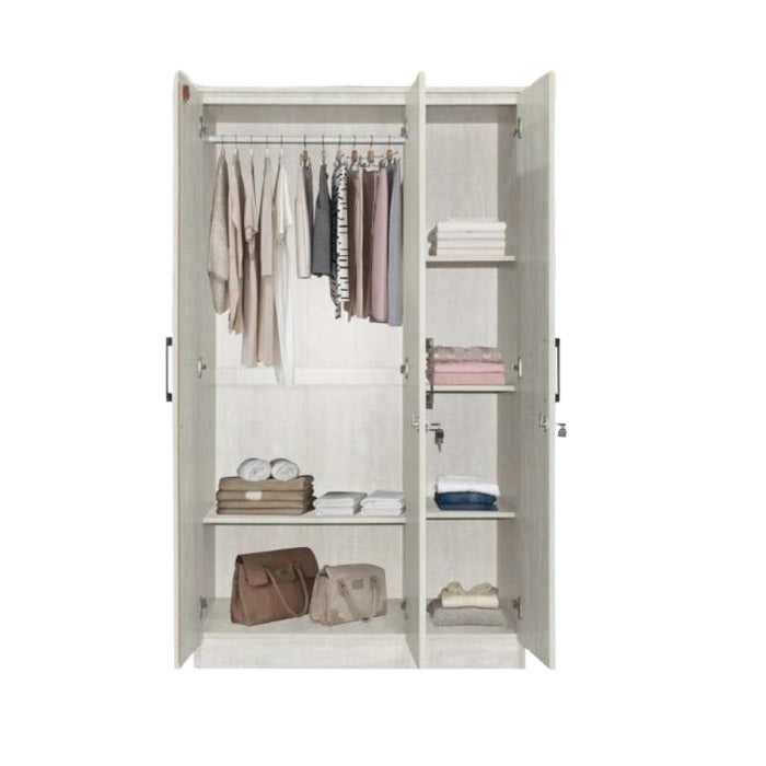 A wooden cabinet with three doors, highlighting its elegant craftsmanship and functional storage.