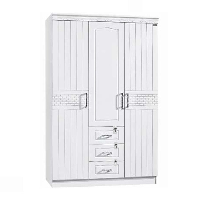 White wardrobe with silver handles on a white background