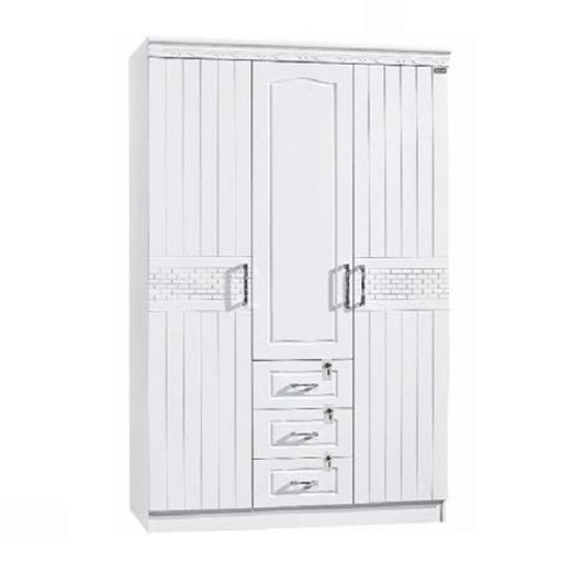 White wardrobe with silver handles on a white background