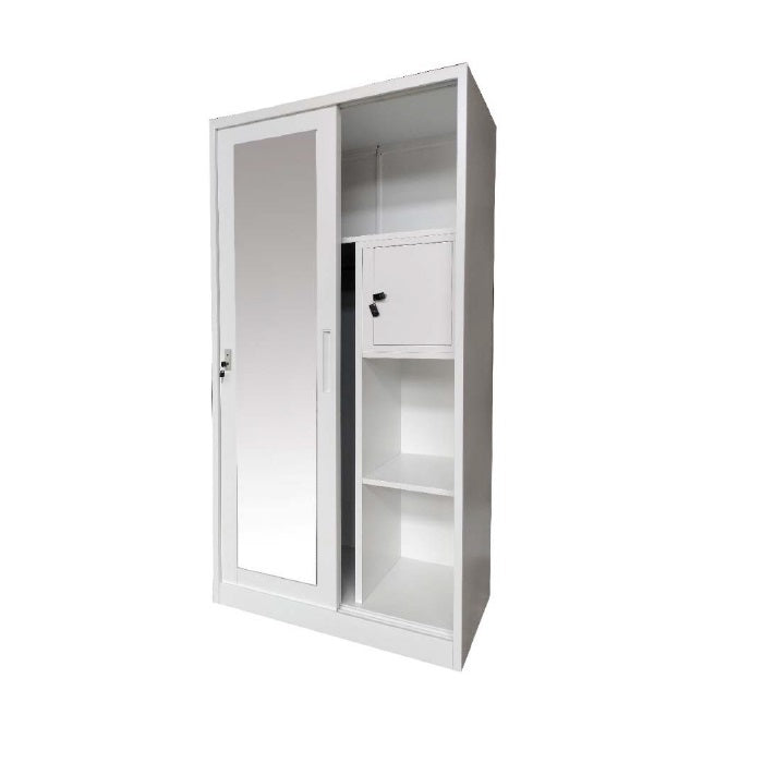 A white wardrobe featuring a delicate design on its door, adding a touch of nature to the furniture.