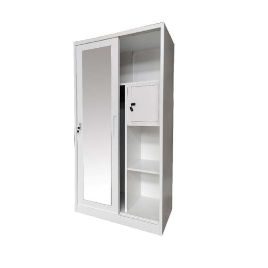 A white wardrobe featuring a delicate design on its door, adding a touch of nature to the furniture.