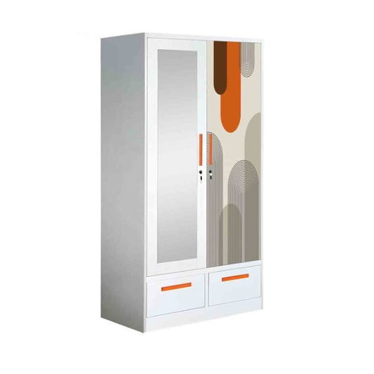 Sleek steel wardrobe with mirrored swing doors and shelves, ideal for stylish and functional storage solutions.