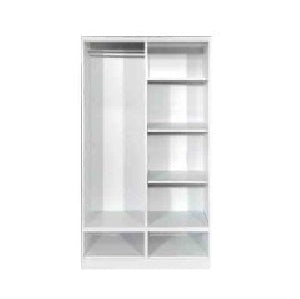 Sleek steel wardrobe with mirrored swing doors and shelves, ideal for stylish and functional storage solutions.