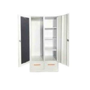 Sleek steel wardrobe with mirrored swing doors and shelves, ideal for stylish and functional storage solutions.