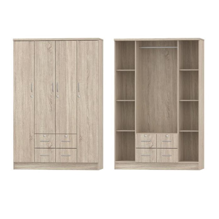 Four door wardrobe cabinets featuring drawers, showcasing a classic design and natural finish.