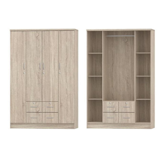 Four door wardrobe cabinets featuring drawers, showcasing a classic design and natural finish.