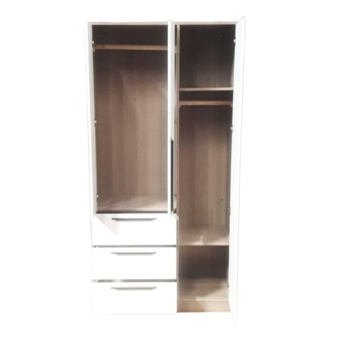 A white and brown wardrobe featuring doors & drawers, showcasing a modern and stylish design for any bedroom.