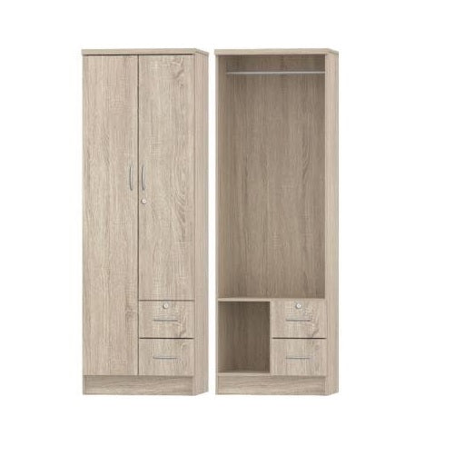 Two door wardrobe cabinets featuring drawers, showcasing a classic design and natural finish.
