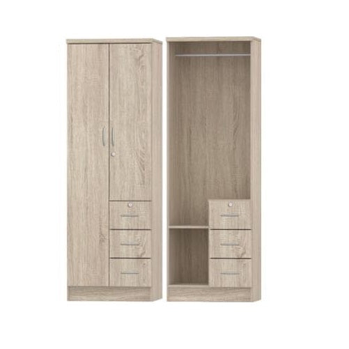 Two door wardrobe cabinets featuring drawers, showcasing a classic design and natural finish.