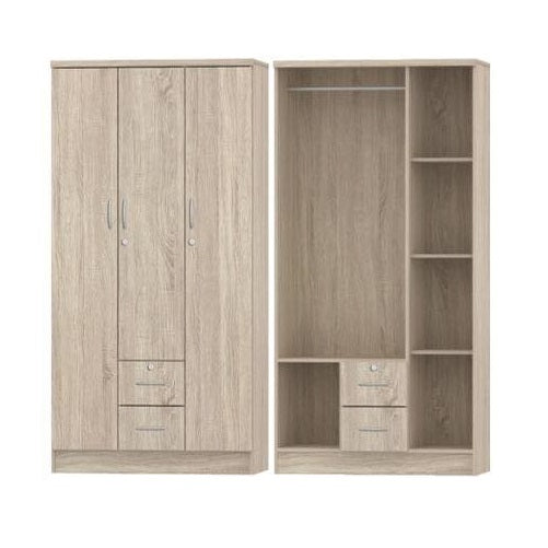 Three door wardrobe cabinets featuring drawers, showcasing a classic design and natural finish.