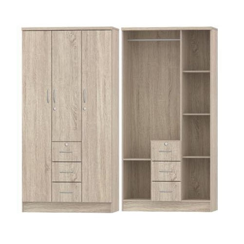 Three door wardrobe cabinets featuring drawers, showcasing a classic design and natural finish.
