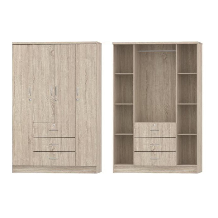 Four door wardrobe cabinets featuring drawers, showcasing a classic design and natural finish.