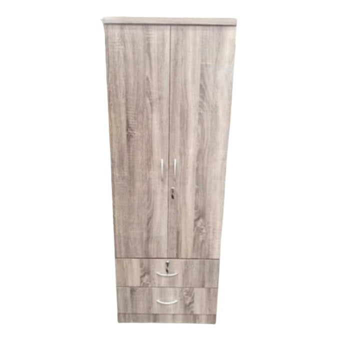 Modern two-door wooden wardrobe with hanging rod and two bottom drawers.