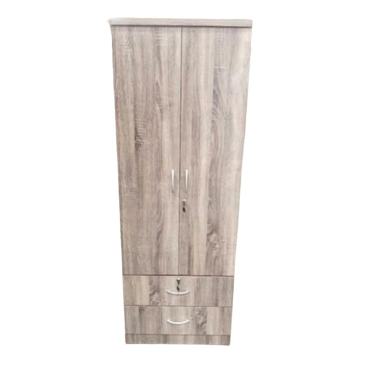 Modern two-door wooden wardrobe with hanging rod and two bottom drawers.