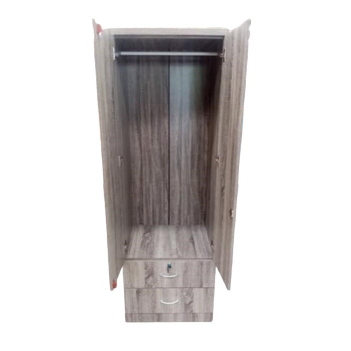 Modern two-door wooden wardrobe with hanging rod and two bottom drawers.