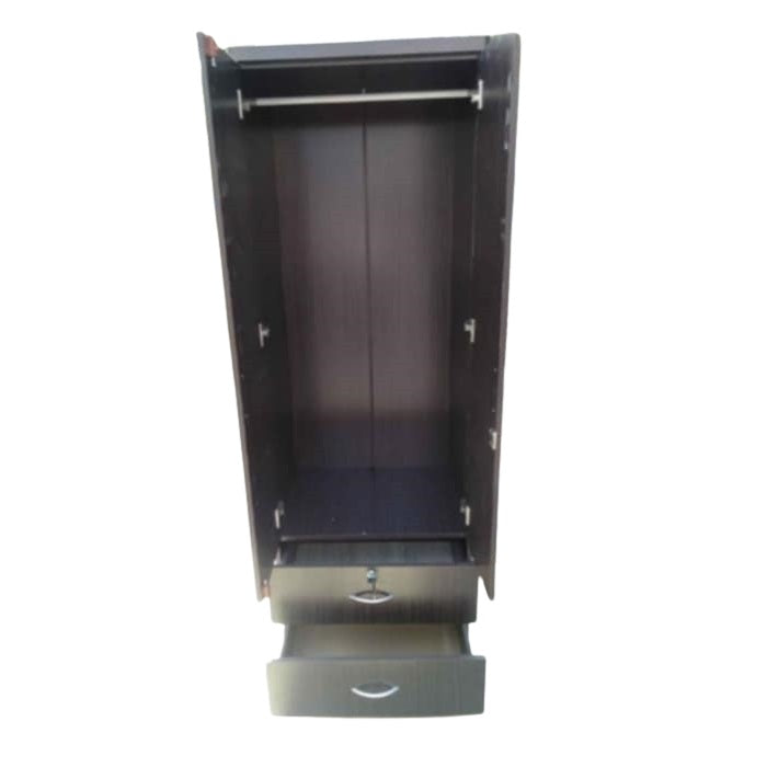 Modern two-door wooden wardrobe with hanging rod and two bottom drawers.