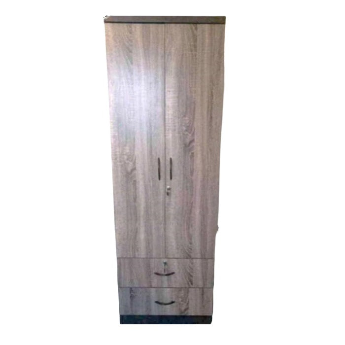 Modern two-door wooden wardrobe with hanging rod and two bottom drawers.
