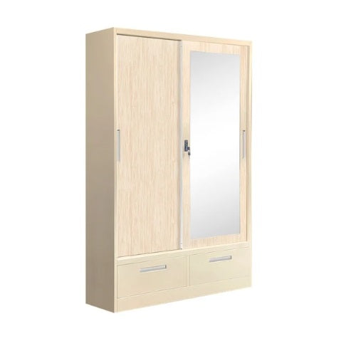 Modern steel wardrobe with sliding doors, a mirror front, and internal shelving for efficient space use.