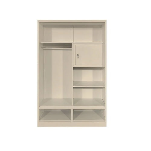 Modern steel wardrobe with sliding doors, a mirror front, and internal shelving for efficient space use.