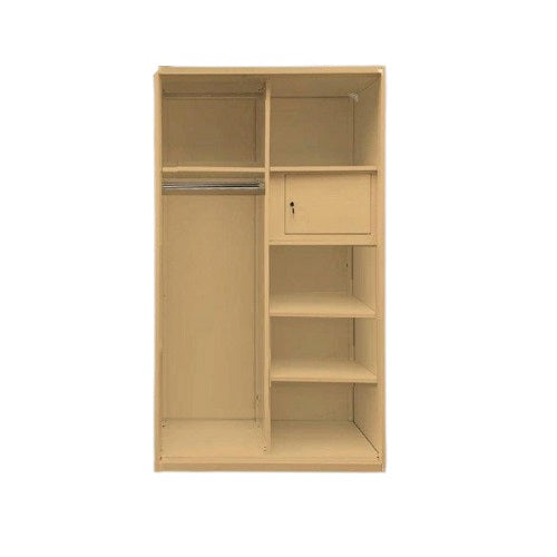Steel sliding wardrobe featuring a mirror and built-in shelves for organized storage.