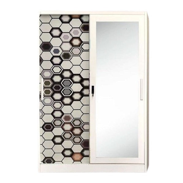 A white wardrobe featuring a delicate design on its door, adding a touch of nature to the furniture.