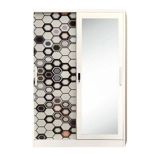 A white wardrobe featuring a delicate design on its door, adding a touch of nature to the furniture.