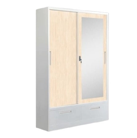 A stylish wardrobe in white and beige, equipped with two doors, perfect for organizing clothing and accessories.