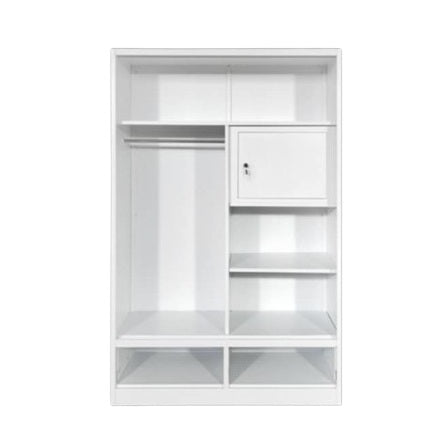 A stylish wardrobe in white and beige, equipped with two doors, perfect for organizing clothing and accessories.