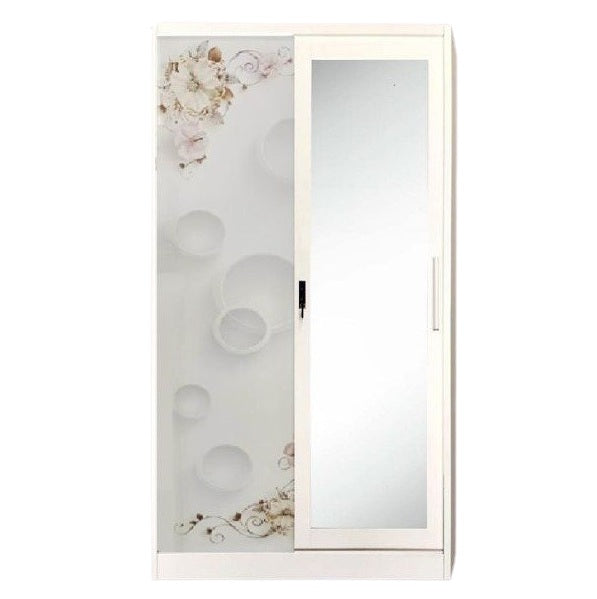 A white wardrobe featuring a delicate design on its door, adding a touch of nature to the furniture.