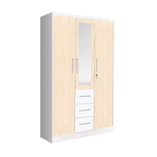 A stylish wardrobe in white and beige, equipped with two doors, perfect for organizing clothing and accessories.