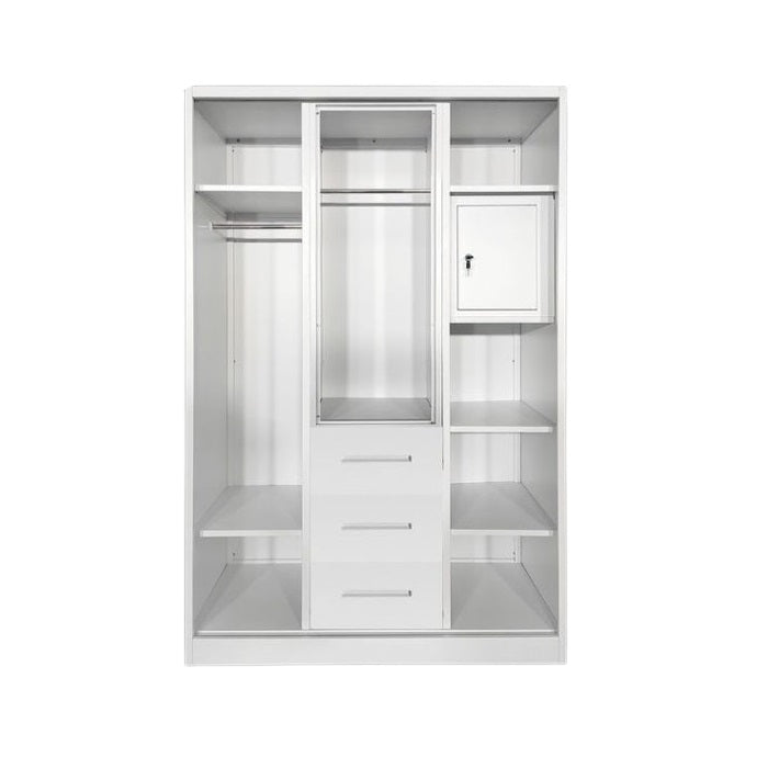 A stylish wardrobe in white and beige, equipped with two doors, perfect for organizing clothing and accessories.