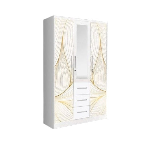 A stylish wardrobe in white and beige, equipped with two doors, perfect for organizing clothing and accessories.