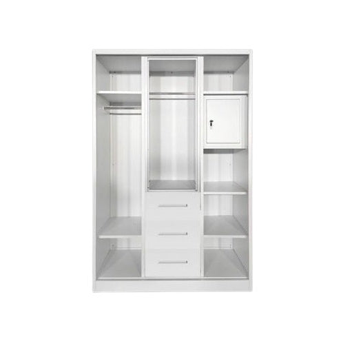 A stylish wardrobe in white and beige, equipped with two doors, perfect for organizing clothing and accessories.