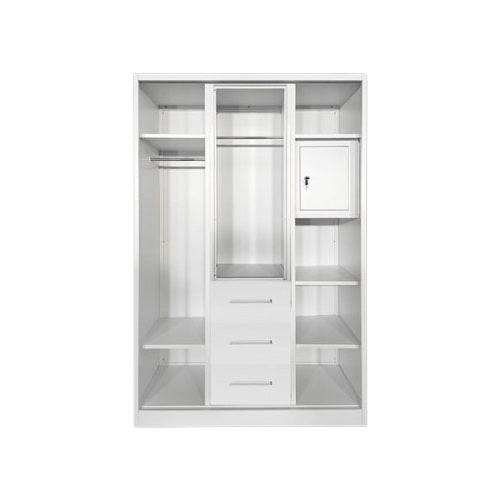 A stylish wardrobe in white and beige, equipped with two doors, perfect for organizing clothing and accessories.