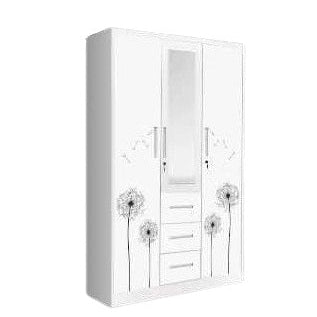 A white wardrobe featuring a delicate design on its door, adding a touch of nature to the furniture.