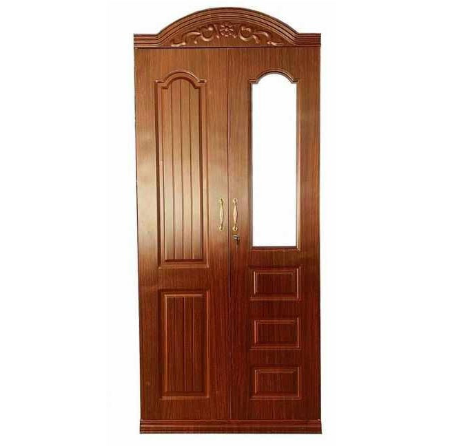 A metal door with  glass panels, surrounded by a classic wooden frame, showcasing craftsmanship and design.