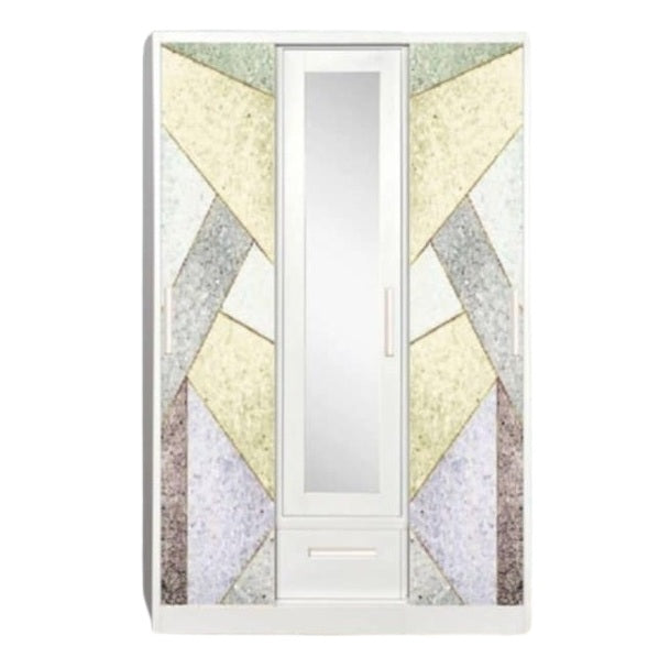 A white wardrobe featuring a delicate design on its door, adding a touch of nature to the furniture.