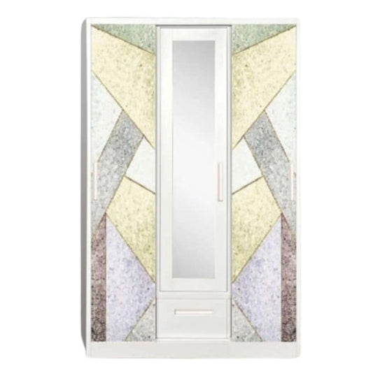 A white wardrobe featuring a delicate design on its door, adding a touch of nature to the furniture.