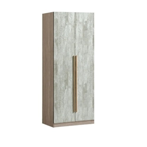 Wardrobe with two doors and a cabinet, providing functional storage for clothing and accessories.