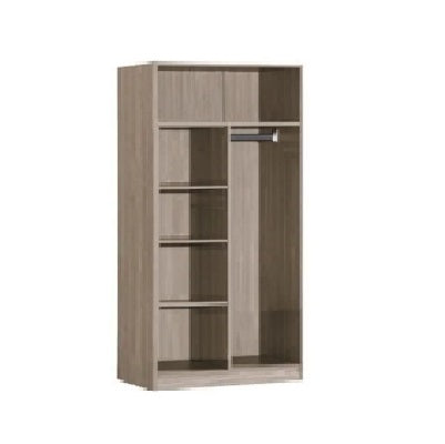 Wooden wardrobe with shelves and a hanging rod on a white background