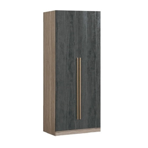 Wardrobe with two doors and a cabinet, providing functional storage for clothing and accessories.