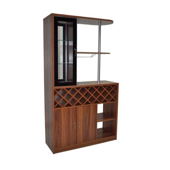 Modern bar counter equipped with a wine rack and shelves, showcasing an array of wines and bar essentials.