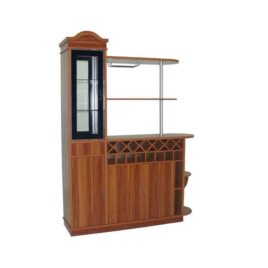 Elegant bar counter with a wine rack and shelves, organized with bottles and glassware for a sophisticated look.