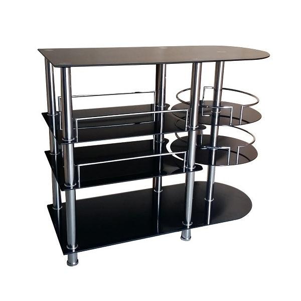  A modern black and chrome metal bar with four elegant shelves, ideal for organizing drinks and accessories.