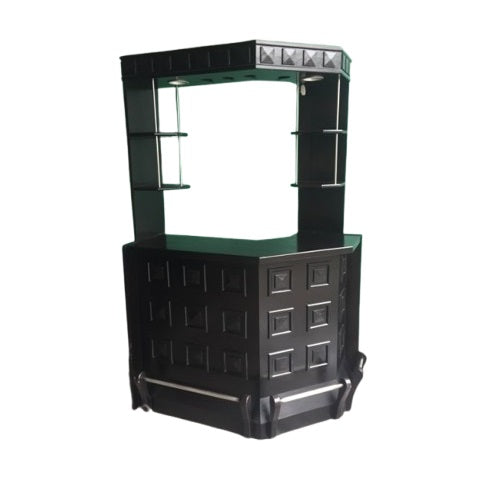 Modern bar counter equipped with a wine rack and shelves, showcasing an array of wines and bar essentials.