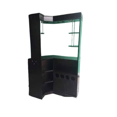 Modern bar counter equipped with a wine rack and shelves, showcasing an array of wines and bar essentials.