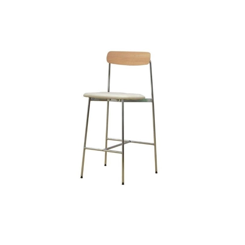 A stylish wooden bar stool supported by a robust metal frame, perfect for enhancing modern or rustic interiors.