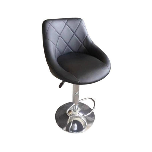 A sleek black leather bar stool featuring a polished chrome base, perfect for modern interiors.