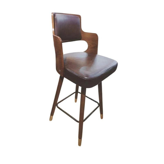 Elegant brown leather bar stool with a durable wooden frame, perfect for enhancing the décor of bars or dining areas.